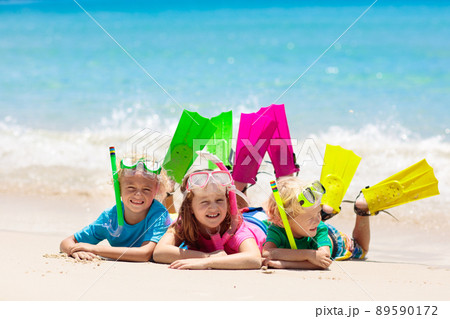 Kids snorkel. Children snorkeling in tropical sea. 89590172