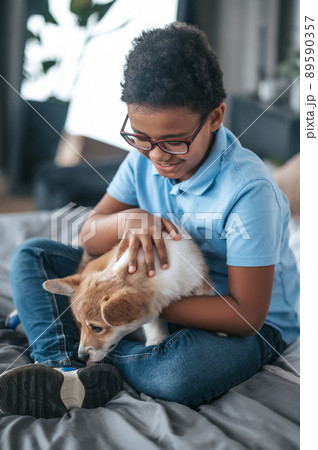 A cute teen playing with his corgi puppy on bed A cute teen playing with his corgi puppy on bed 89590357
