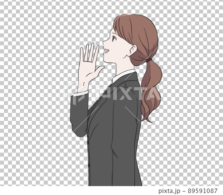 呼びかける横を向いたスーツの女性のイラスト素材