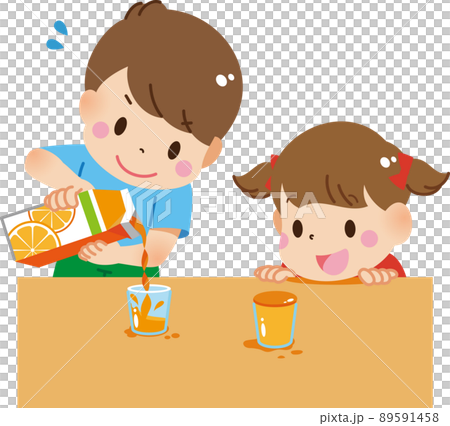 An older brother pouring juice and a fun younger sister 89591458
