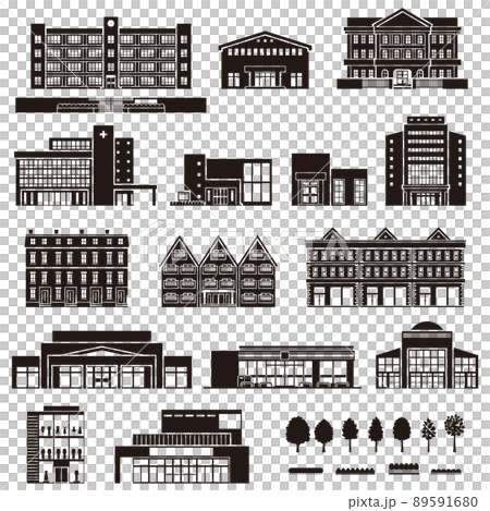様々な建物のベクターイラスト. 建物の外観. 建物のシルエット. 89591680