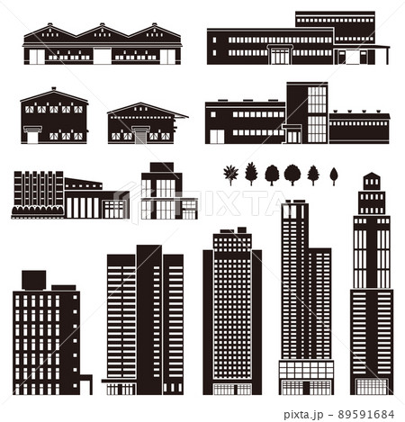 様々な建物のベクターイラスト. 建物の外観. 建物のシルエット. 89591684