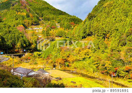 秋になり山々がカラフルに色づく日本の田舎の原風景の写真素材 [89591691] - PIXTA