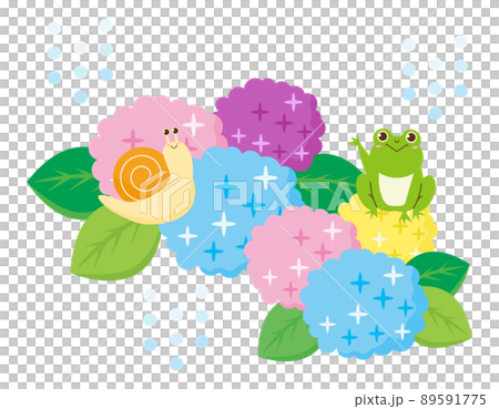 かわいいカエルとカタツムリ　紫陽花 89591775