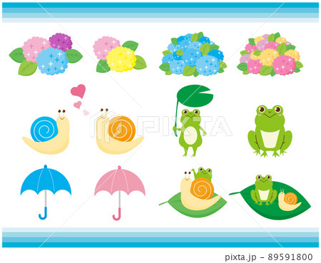かわいいカエルとカタツムリ 紫陽花 イラストセットのイラスト素材