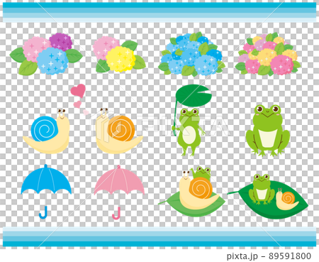かわいいカエルとカタツムリ 紫陽花 イラストセットのイラスト素材