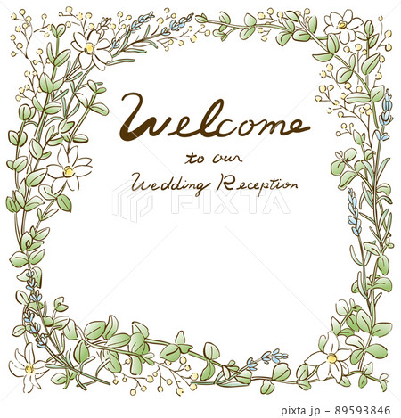 結婚式のウェルカムボード 線画 四角リース カラーのイラスト素材