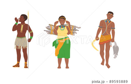 Barefoot African Aboriginal Man and Woman Character Dressed in Traditional Tribal Clothing with Spear and Carrying Brushwood Vector Illustration Set 89593889