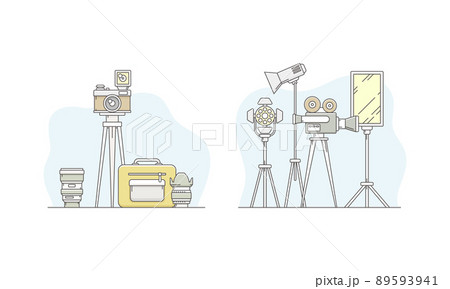 Cinema and photographic equipment set. Movie and photo cameras on tripod, searchlight, reflector vector illustration Cinema and photographic equipment set. Movie and photo cameras on tripod, searchlight, reflector vector illustration 89593941