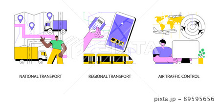 Transportation system abstract concept vector illustration set. National and regional transport, air traffic control, car driver, passenger pass, ticket office, airport radar abstract metaphor. Transportation system abstract concept vector illustration set. National and regional transport, air traffic control, car driver, passenger pass, ticket office, airport radar abstract metaphor. 89595656