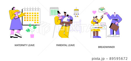 Care for children and family abstract concept vector illustration set. Maternity and parental leave, breadwinner, home office, pregnant woman, newborn child, family needs support abstract metaphor. 89595672