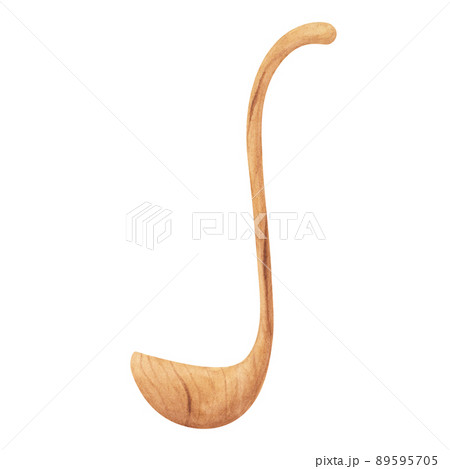 Wooden kitchen utensils: wood spoon, soup ladle. Watercolor illustration isolated on white background. Art for design 89595705