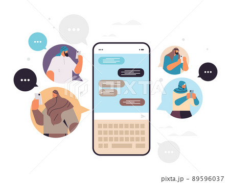 arab people typing message on smartphone arabic men women chatting in mobile app chat bubble communication 89596037