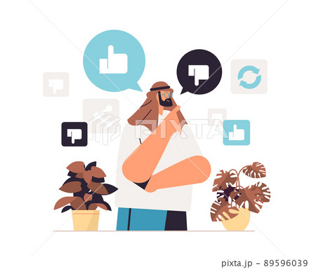 arab man with social media likes and dislikes icons internet network community concept horizontal portrait 89596039