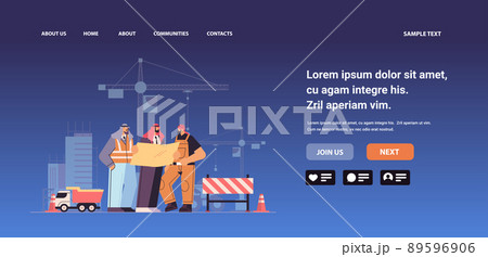 construction workers team holding blueprint arab industrial technicians builders group over city construction site tower cranes 89596906