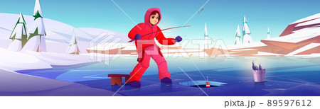 Man with rod on ice fishing 89597612