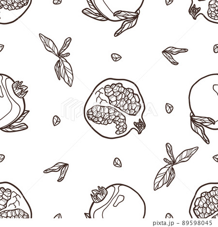 Outline pomegranate print. Brown fruit and leaves on white background. Illustration for textile, covering Outline pomegranate print. Brown fruit and leaves on white background. Illustration for textile, covering 89598045