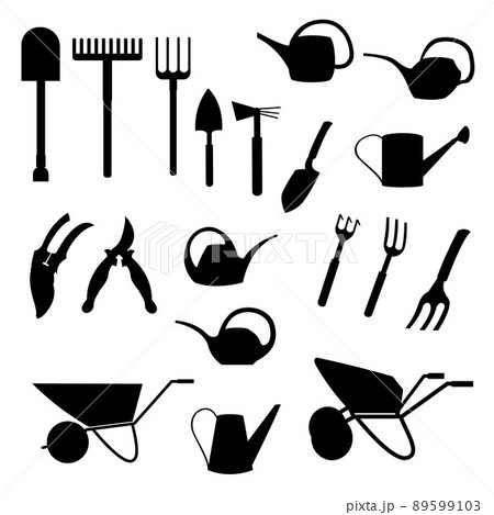 A set of garden tools silhouettes. Vector isolated on a white background. A set of garden tools silhouettes. Vector isolated on a white background. 89599103