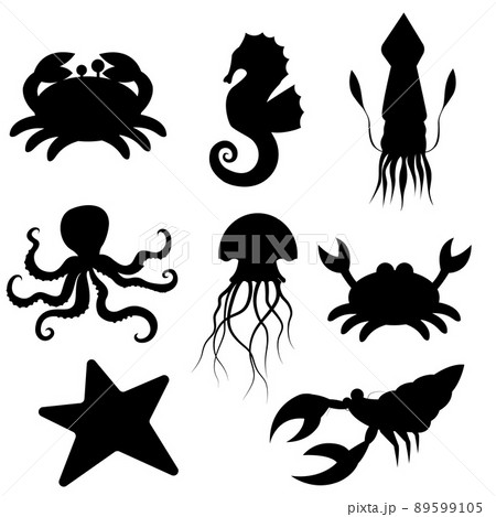set of silhouettes of crab, seahorse, starfish, octopus, crayfish, squid, jellyfish. Vector set of silhouettes of crab, seahorse, starfish, octopus, crayfish, squid, jellyfish. Vector 89599105