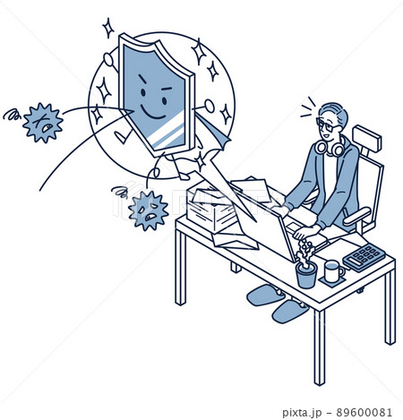 パソコンのセキュリティ対策でウイルスをブロックするフリーランスの男性 パソコンのセキュリティ対策でウイルスをブロックするフリーランスの男性 89600081