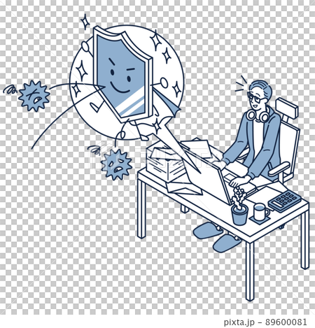 パソコンのセキュリティ対策でウイルスをブロックするフリーランスの男性 パソコンのセキュリティ対策でウイルスをブロックするフリーランスの男性 89600081