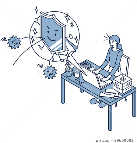 パソコンのセキュリティ対策でウイルスをブロックするフリーランスの女性 パソコンのセキュリティ対策でウイルスをブロックするフリーランスの女性 89600082