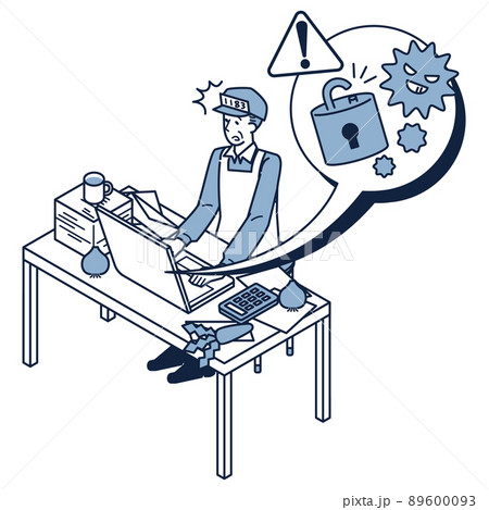 パソコンのセキュリティが破られて困る八百屋さんの男性(事業者) パソコンのセキュリティが破られて困る八百屋さんの男性(事業者) 89600093