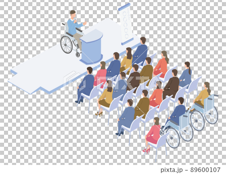 ビジネスセミナーに登壇する車椅子の男性 89600107