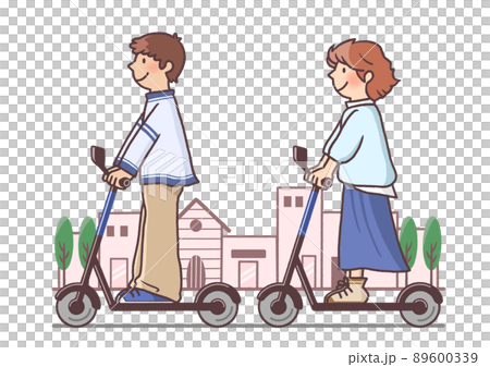 A young couple enjoying a date on an electric kickboard (with a city background) 89600339