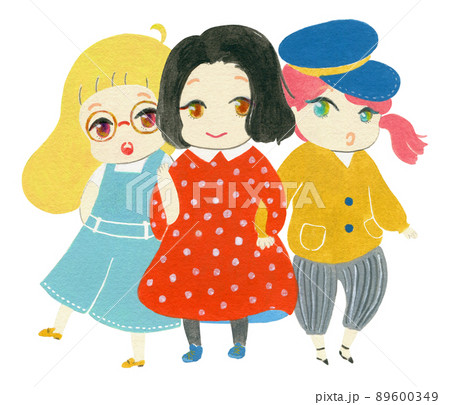 ゆるかわで可愛い3人の女の子の手描きのイラストのイラスト素材