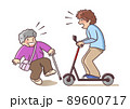 電動キックボードで走行中におばあさんと衝突しそうになって焦る若い男性 89600717