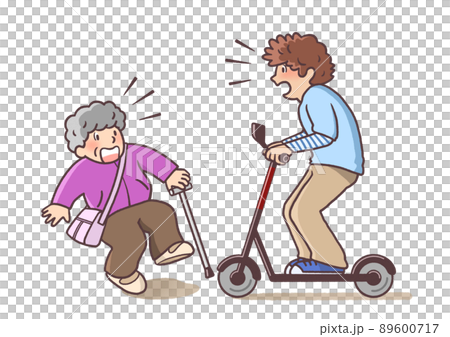 電動キックボードで走行中におばあさんと衝突しそうになって焦る若い男性 電動キックボードで走行中におばあさんと衝突しそうになって焦る若い男性 89600717