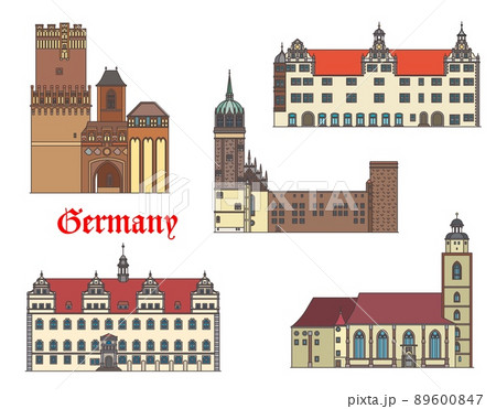 Germany, Lutherstadt Wittenberg, Torgau and Tangermunde buildings, vector architecture. German Saxony Anhalt landmarks of Rathaus town hall, St Mary Church Marienkirche and Schlosskirche palace church Germany, Lutherstadt Wittenberg, Torgau and Tangermunde buildings, vector architecture. German Saxony Anhalt landmarks of Rathaus town hall, St Mary Church Marienkirche and Schlosskirche palace church 89600847