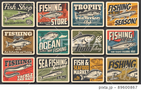Fishing sport vintage posters, fish and seafood market or fisher catch tournament, vector. Sea fishing for tuna, salmon and sardine, fisher equipment store of rods, tackles and lures 89600867