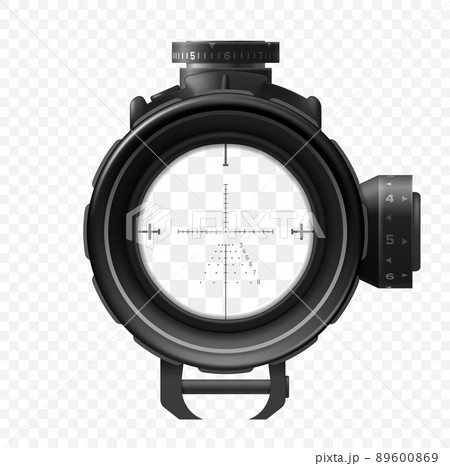 Sniper scope. Sight view target, isolated vector crosshair of gun. Realistic 3d weapon zoom, military optical focus, viewfinder device. Bullseye frame with cross aim on transparent background 89600869