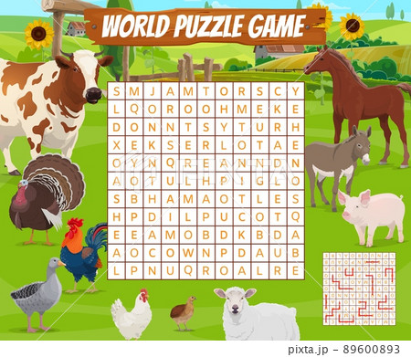 Cartoon farm animals on word search puzzle game worksheet. Children quiz grid, logical riddle or intelligence test with vocabulary and alphabet learning activity. Child kindergarten game vector page 89600893