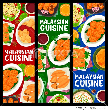 Malaysian cuisine meals banners vector braised bean curd with mushrooms, beef noodle soup, tofu pudding and nasi lemak rice. Prawn noodle soup, banana leaf rice food of Malaysia, exotic asian dishes 89600985