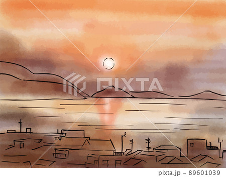 瀬戸内海と沈む夕日の水彩画風の風景イラストのイラスト素材 [89601039