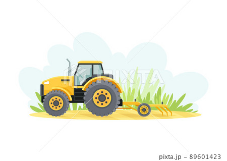 Yellow tractor with agricultural instrument vector illustration on white background 89601423
