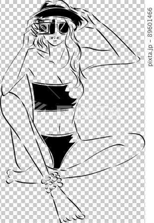Line art of a woman holding a camera 89601466