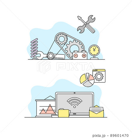Education and science concept. Data storage and analysing, repair equipment and tools set vector illustration 89601470