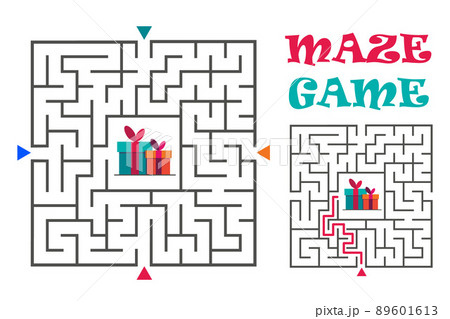 Square maze labyrinth game for kids. logic conundrum. Four entrance and one right way to go. Vector flat illustration Square maze labyrinth game for kids. logic conundrum. Four entrance and one right way to go. Vector flat illustration 89601613