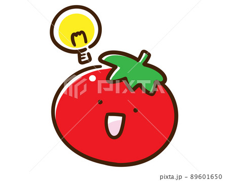 電球マークでひらめくかわいいトマトのキャラクターの手書き風イラストのイラスト素材