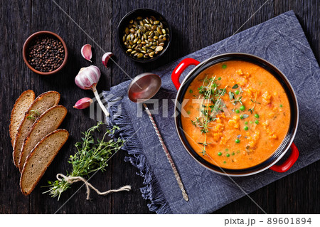 roast sweet potato and carrot soup with green peas roast sweet potato and carrot soup with green peas 89601894