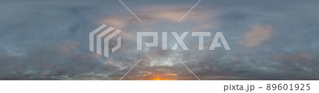 Dramatic sunset sky panorama with Cumulus clouds. Seamless hdr 360 pano in spherical equirectangular format. Complete zenith for 3D visualization, game and sky replacement for aerial drone panoramas 89601925