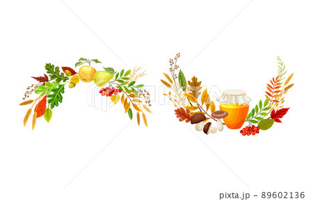 Bright Autumn Foliage with Ripe Fruit and Honey in Jar Vector Composition Set Bright Autumn Foliage with Ripe Fruit and Honey in Jar Vector Composition Set 89602136