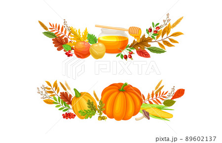 Bright Autumn Foliage with Pumpkin and Honey in Jar Vector Composition Set Bright Autumn Foliage with Pumpkin and Honey in Jar Vector Composition Set 89602137