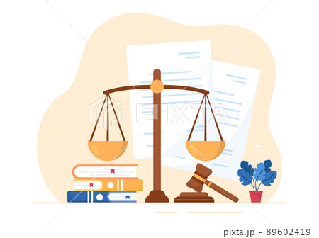 Court there is Justice, Decision and Law with Laws, Scales, Buildings, Wooden Judge Hammer in Flat Cartoon Design Illustration 89602419