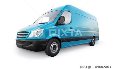 blue mid-size commercial van on a white background. A blank body for applying your design, inscriptions and logos. 3d illustration. 89602863
