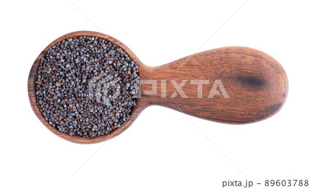 Poppy seeds in wooden spoon, isolated on white background. Organic spice blue confectionery poppy. Top view. 89603788